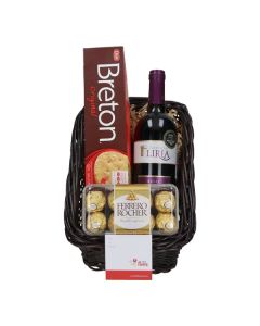 Canasta con Vino Tinto, Chocolates y Galletas